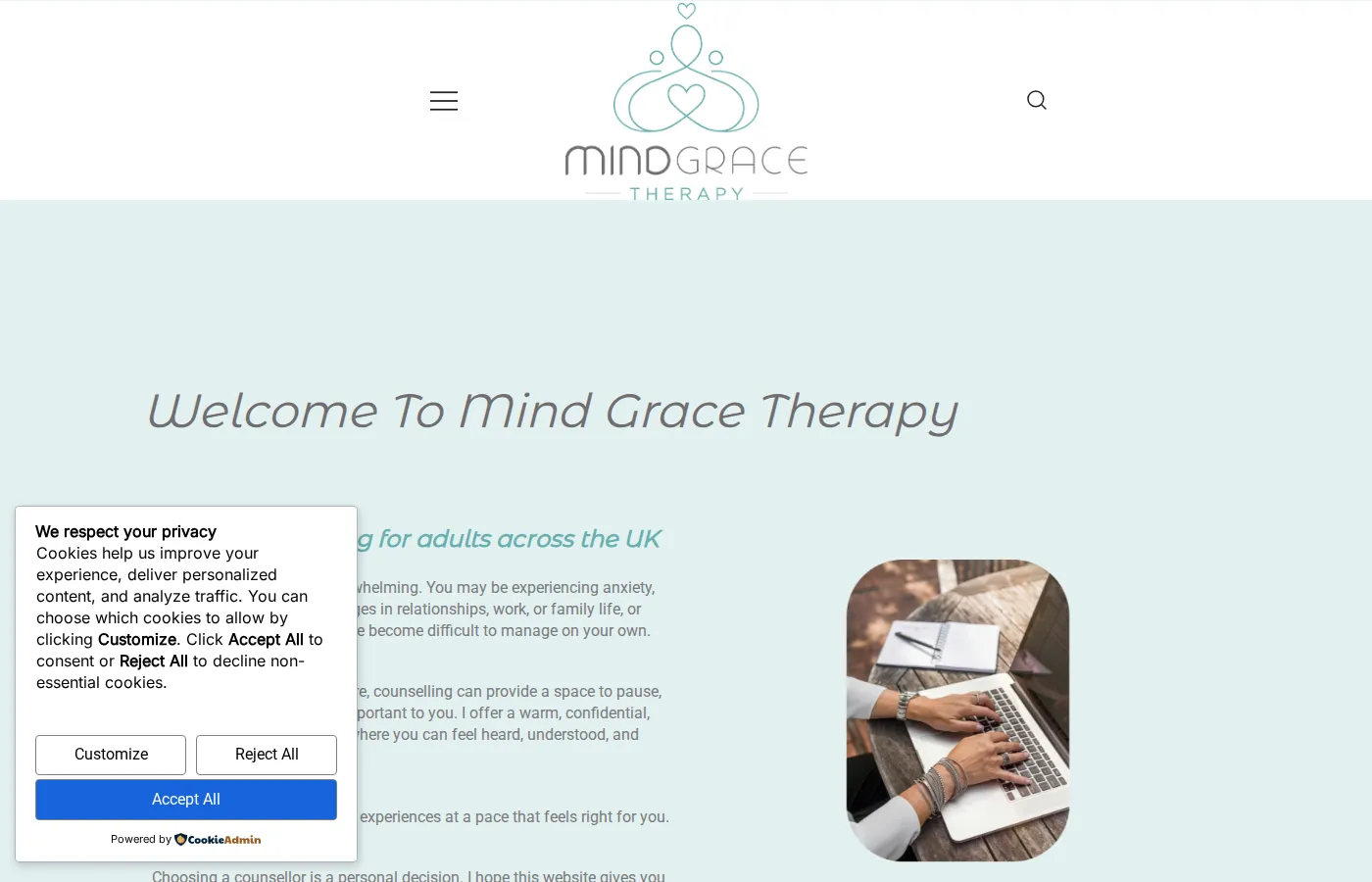 Mind Grace Therapy — the first website, with a cookie box over the opening text