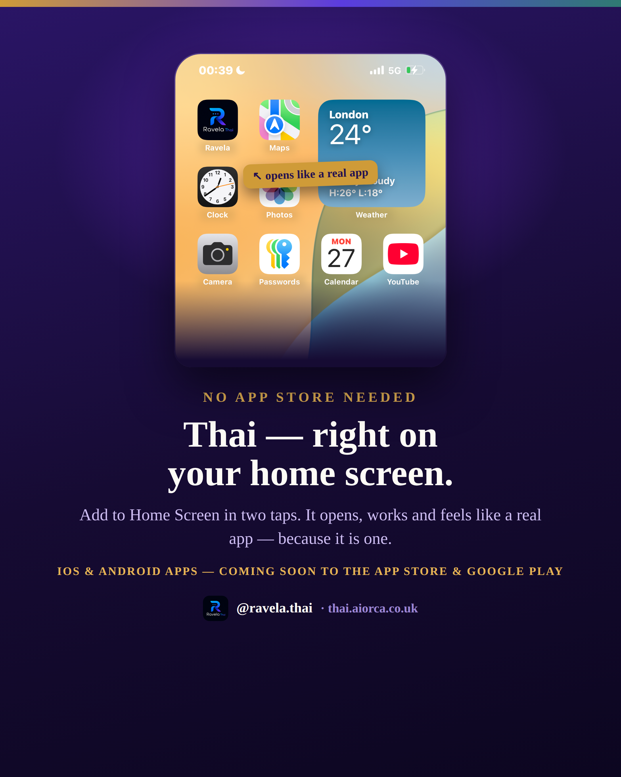 Ravela Thai installed on a phone home screen, opening like a native app