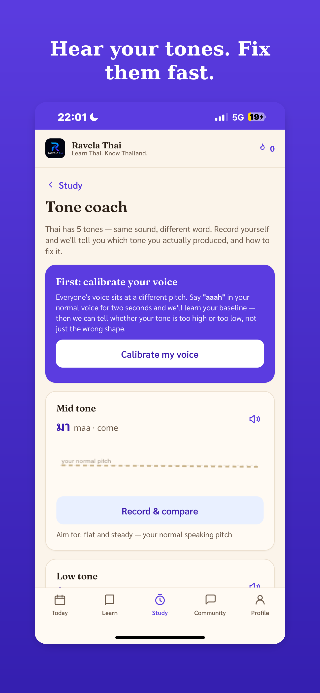 Ravela Thai — Tone coach screen, hear your tones and fix them fast