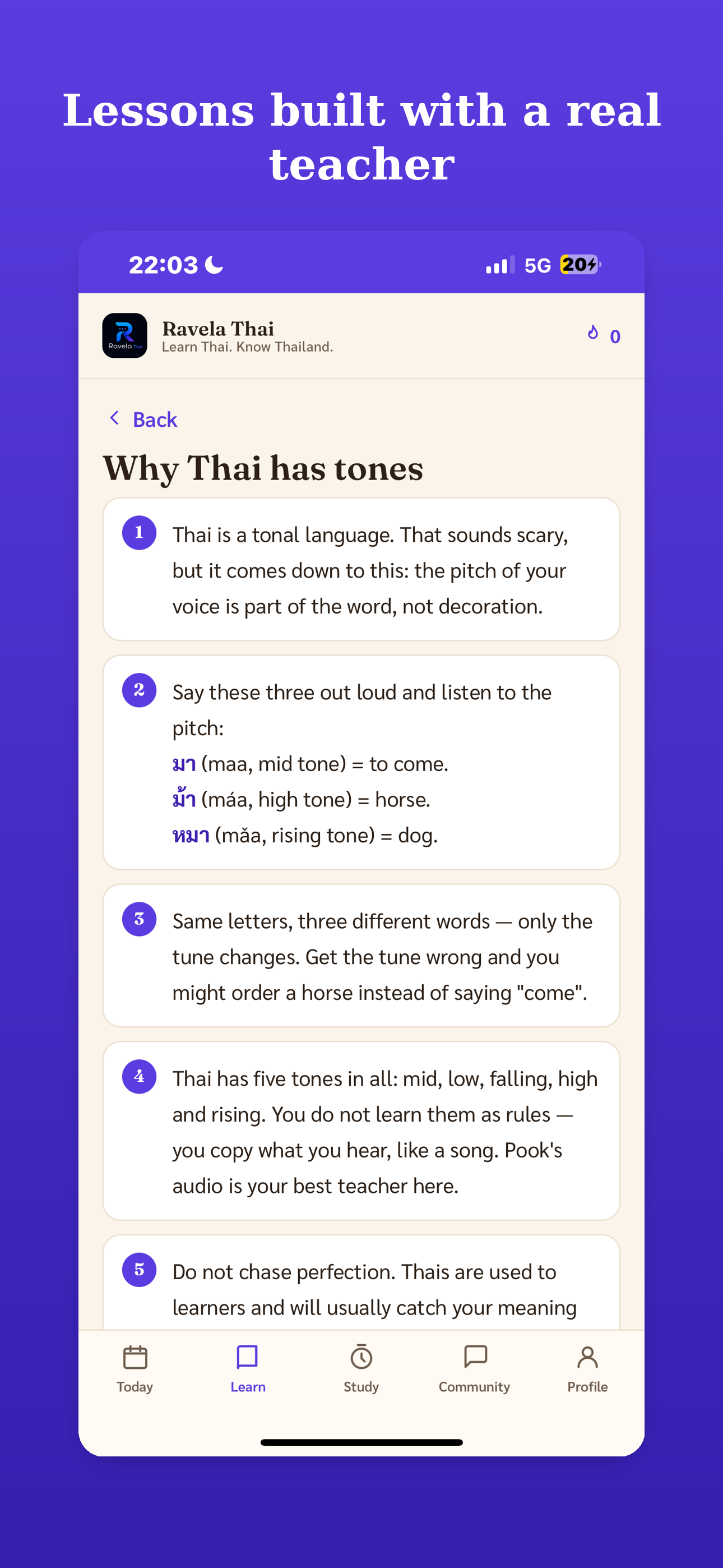Ravela Thai — a structured lesson screen