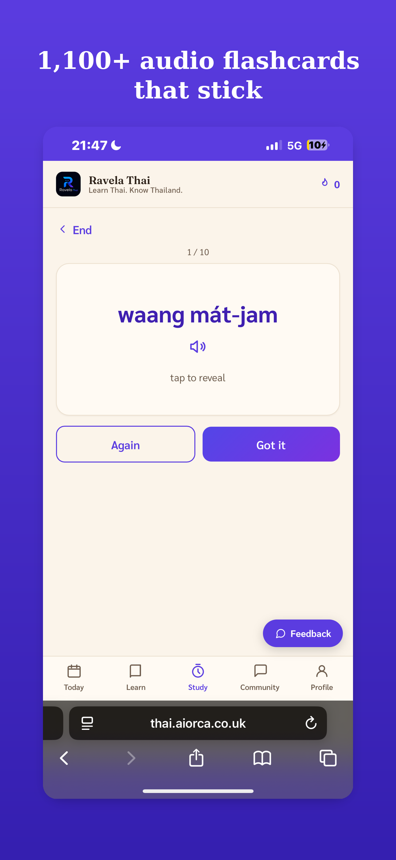 Ravela Thai — spaced-review flashcards screen