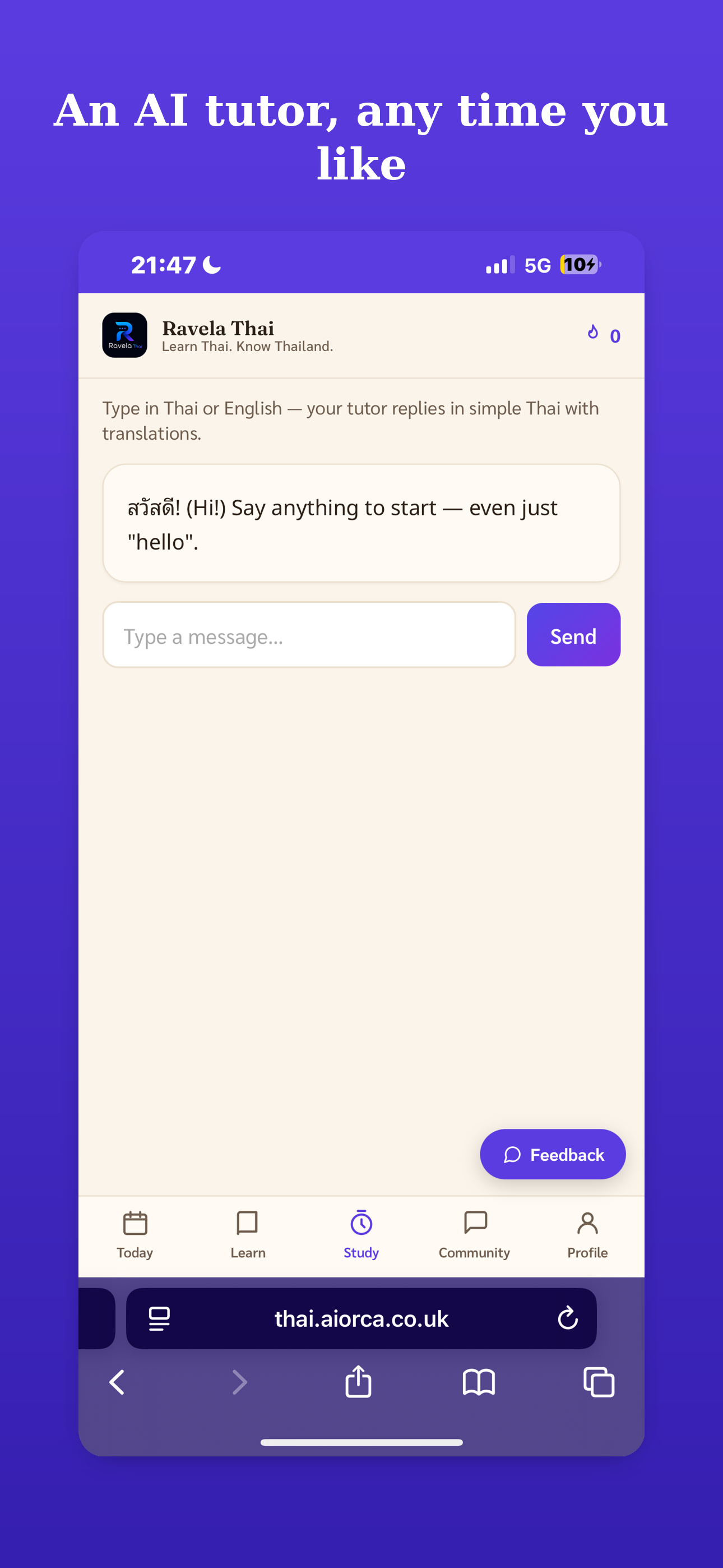 Ravela Thai — 24/7 AI tutor roleplay screen