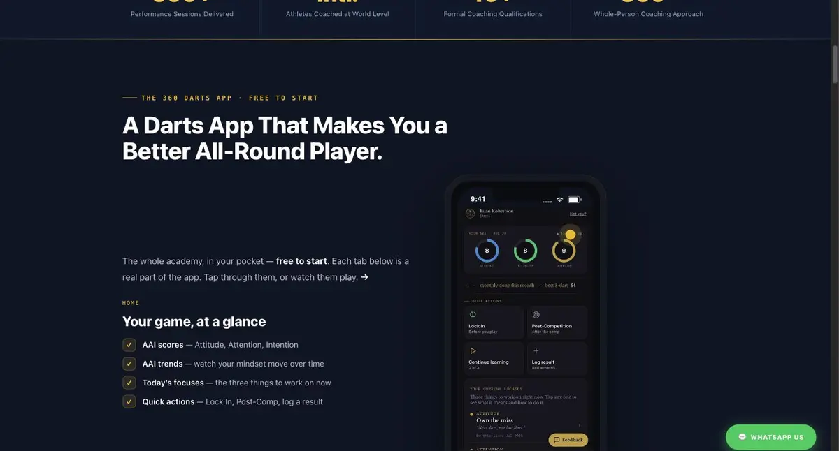 360 Performance Academy — the darts app section of the website, showing the app home dashboard