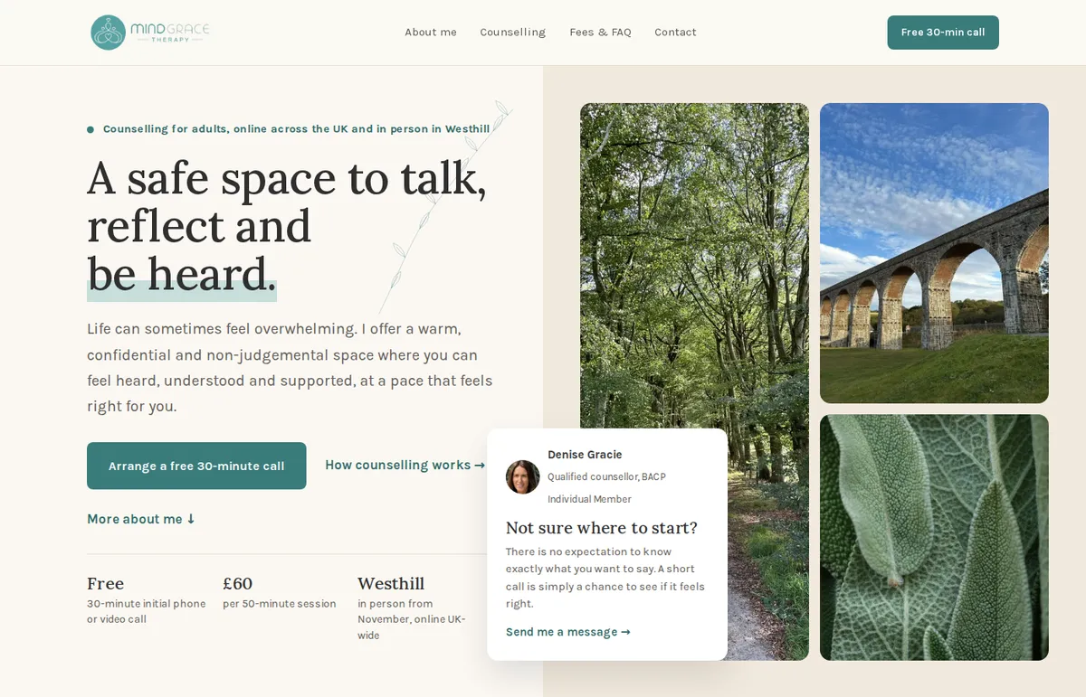 Mind Grace Therapy homepage — a safe space to talk, reflect and be heard