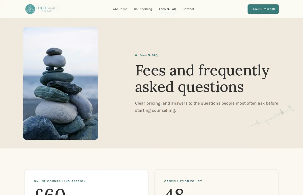 Mind Grace Therapy — fees and FAQ