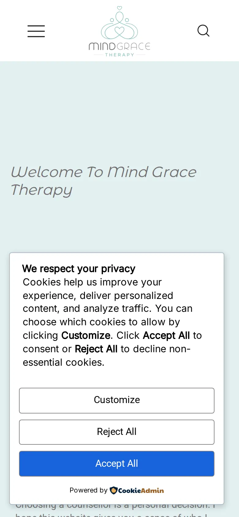 The first website on a phone, with a cookie box covering most of the screen