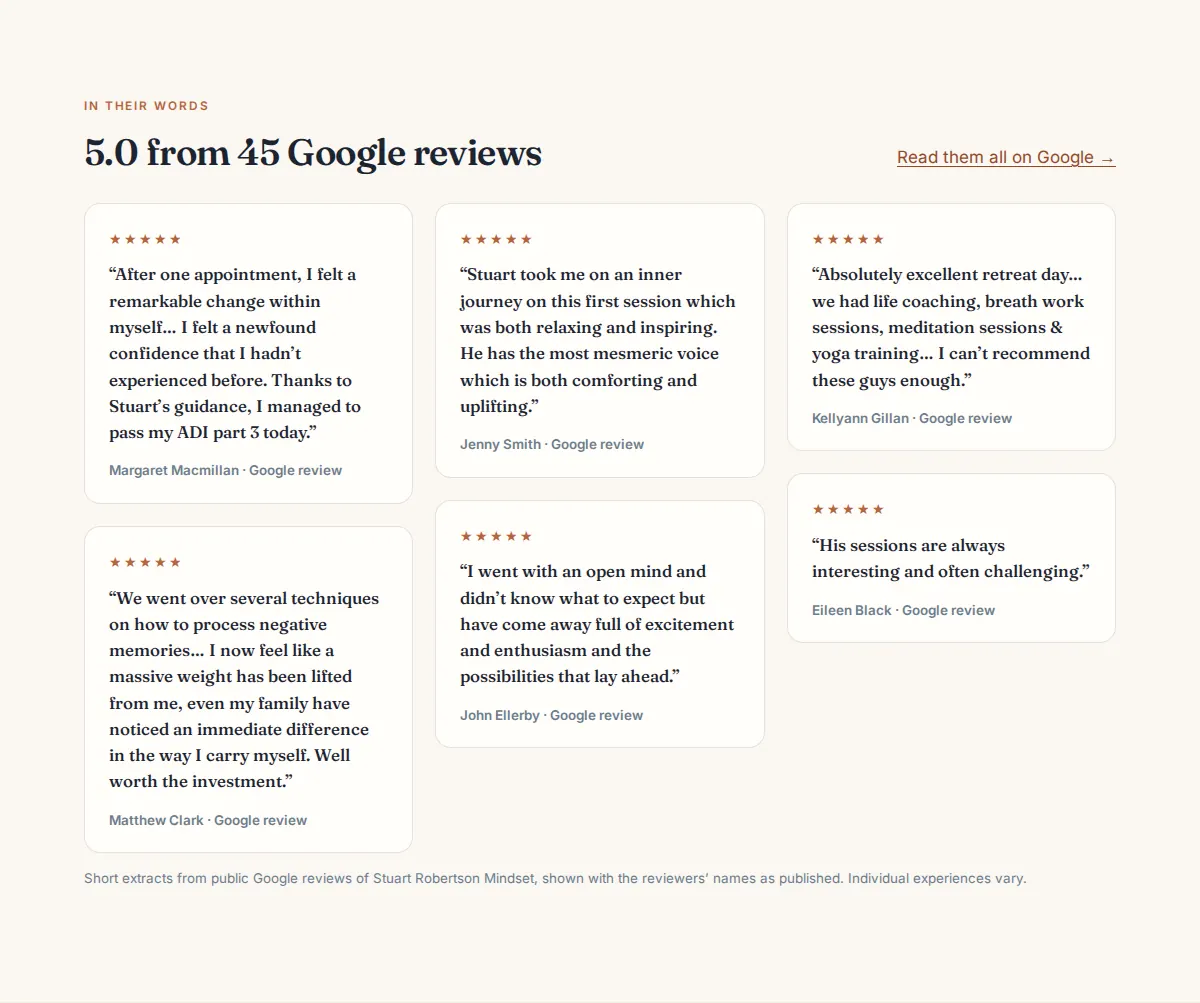 Google review extracts on the Stuart Robertson Mindset homepage